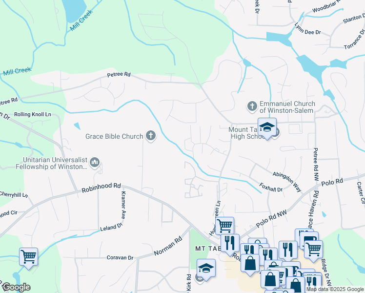 map of restaurants, bars, coffee shops, grocery stores, and more near 3991 Valley Court in Winston-Salem