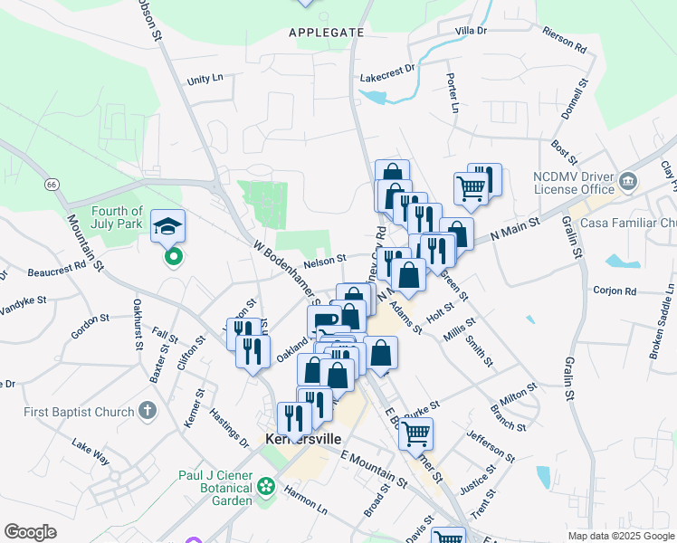 map of restaurants, bars, coffee shops, grocery stores, and more near 409 New Street in Kernersville