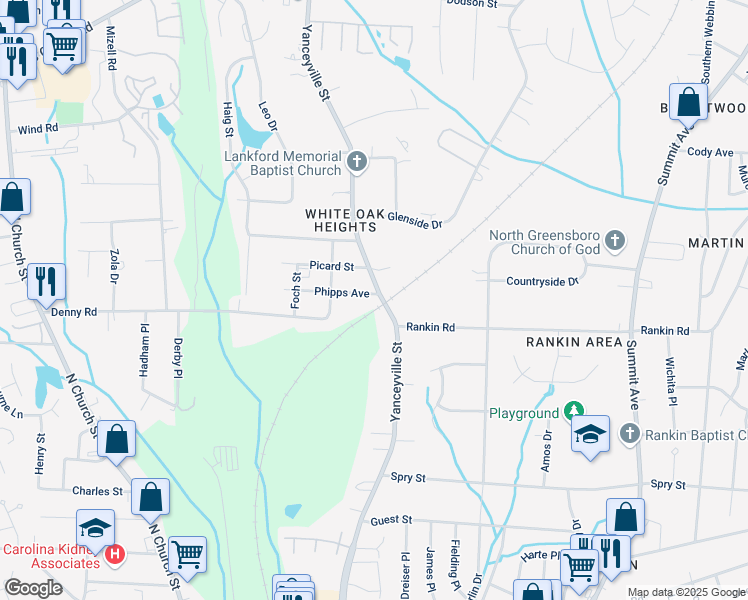 map of restaurants, bars, coffee shops, grocery stores, and more near 1312 Phipps Street in Greensboro