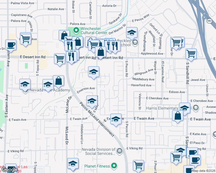 map of restaurants, bars, coffee shops, grocery stores, and more near 3506 Calvert Court in Las Vegas