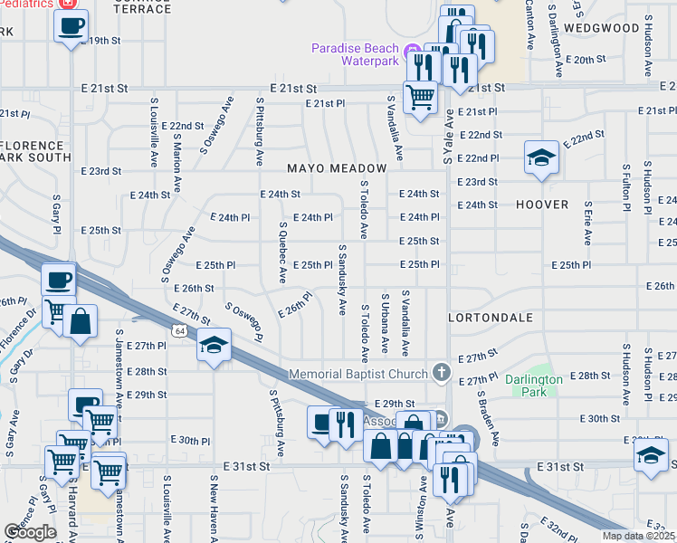 map of restaurants, bars, coffee shops, grocery stores, and more near 4321 East 26th Street in Tulsa