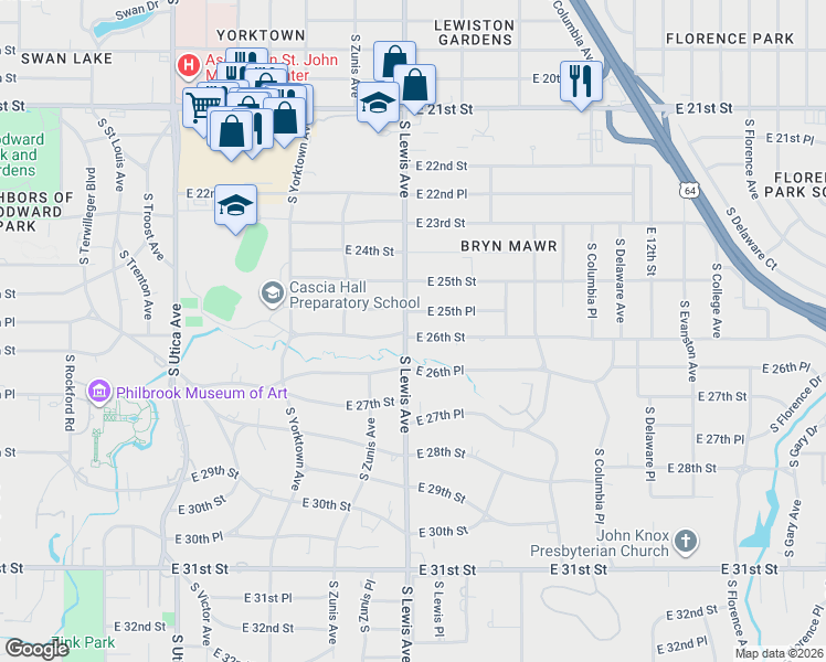 map of restaurants, bars, coffee shops, grocery stores, and more near 2405 East 26th Street in Tulsa
