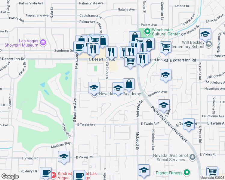 map of restaurants, bars, coffee shops, grocery stores, and more near 2675 San Lago Court in Las Vegas