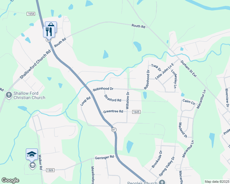 map of restaurants, bars, coffee shops, grocery stores, and more near 1842 Robinhood Drive in Burlington