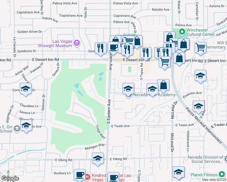 map of restaurants, bars, coffee shops, grocery stores, and more near 2455 Palmera Drive in Las Vegas