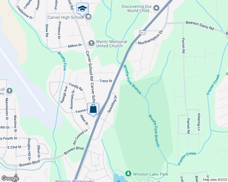 map of restaurants, bars, coffee shops, grocery stores, and more near 3771 Spaulding Drive in Winston-Salem