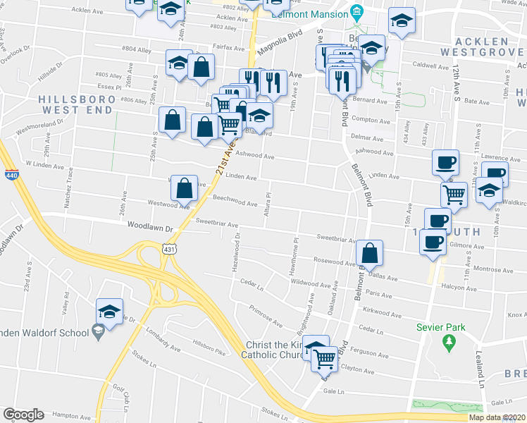 map of restaurants, bars, coffee shops, grocery stores, and more near 1901 Beechwood Avenue in Nashville