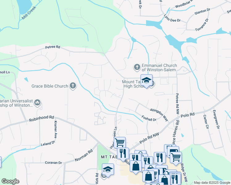 map of restaurants, bars, coffee shops, grocery stores, and more near 3915 Valley Court in Winston-Salem
