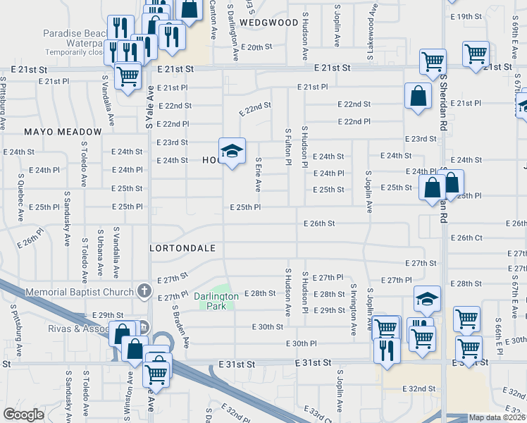 map of restaurants, bars, coffee shops, grocery stores, and more near 5345 East 26th Street in Tulsa