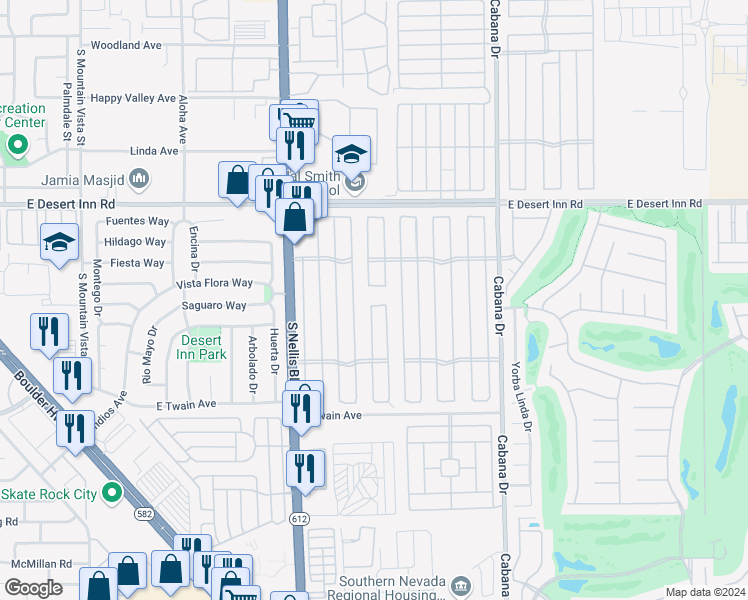 map of restaurants, bars, coffee shops, grocery stores, and more near 5136 Winnebago Lane in Las Vegas