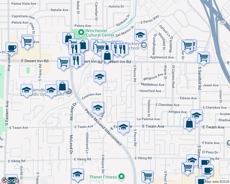 map of restaurants, bars, coffee shops, grocery stores, and more near 3506 Calvert Court in Las Vegas