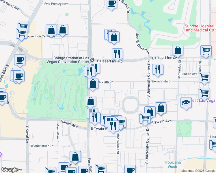 map of restaurants, bars, coffee shops, grocery stores, and more near 475 Sierra Vista Drive in Las Vegas