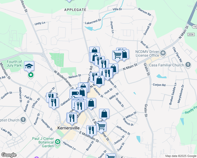 map of restaurants, bars, coffee shops, grocery stores, and more near 417 North Main Street in Kernersville