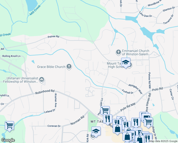 map of restaurants, bars, coffee shops, grocery stores, and more near 3991 Valley Court in Winston-Salem