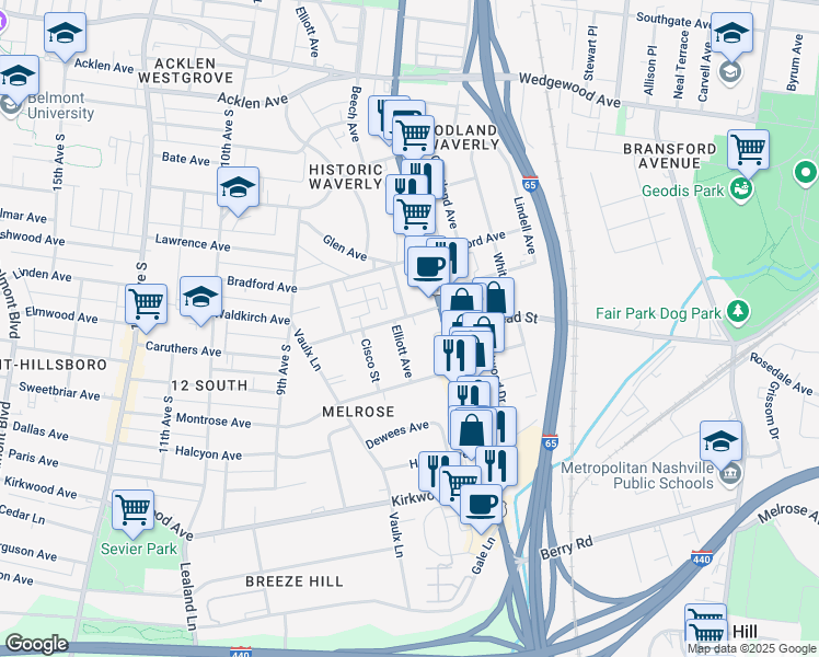 map of restaurants, bars, coffee shops, grocery stores, and more near 2405 8th Avenue South in Nashville