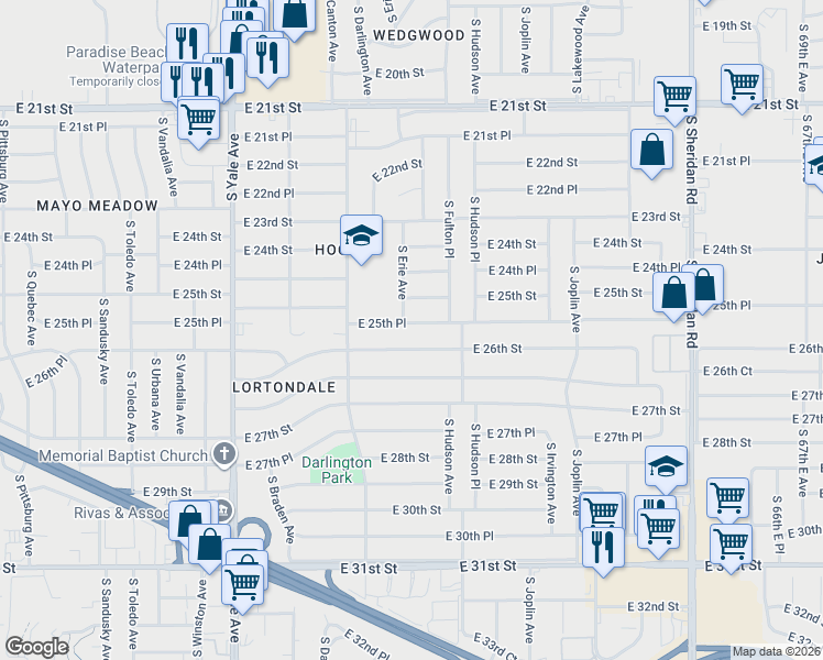 map of restaurants, bars, coffee shops, grocery stores, and more near 5345 East 26th Street in Tulsa