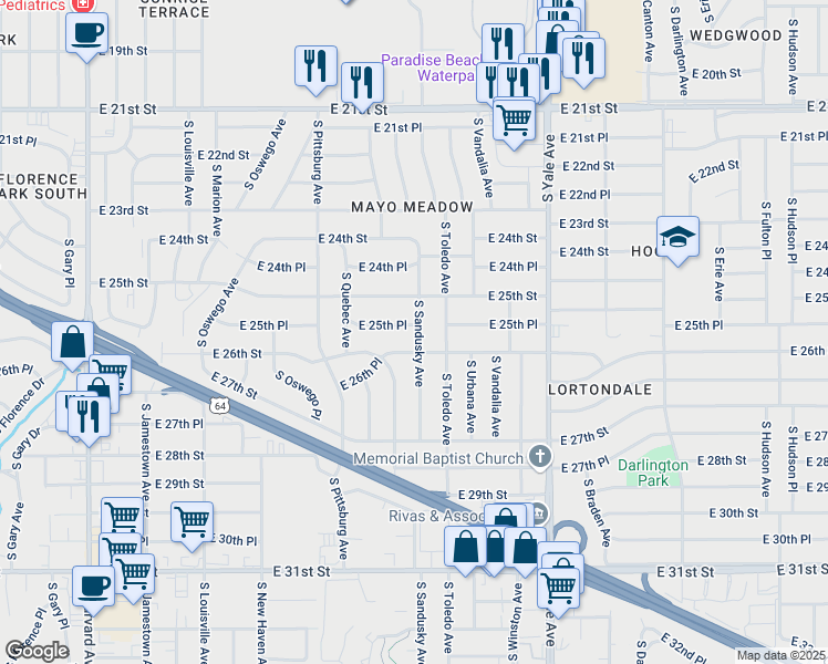 map of restaurants, bars, coffee shops, grocery stores, and more near 4321 East 26th Street in Tulsa