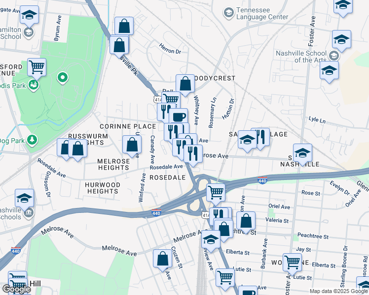 map of restaurants, bars, coffee shops, grocery stores, and more near 2198 U.S. 41A in Nashville