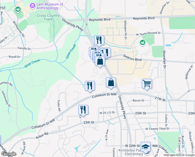 map of restaurants, bars, coffee shops, grocery stores, and more near 621 Gunston Court in Winston-Salem