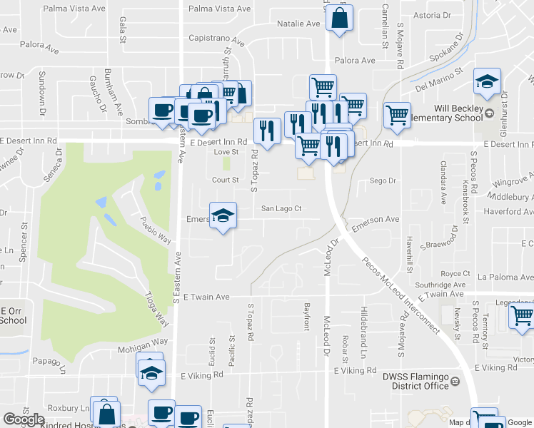 map of restaurants, bars, coffee shops, grocery stores, and more near 2675 San Lago Court in Las Vegas