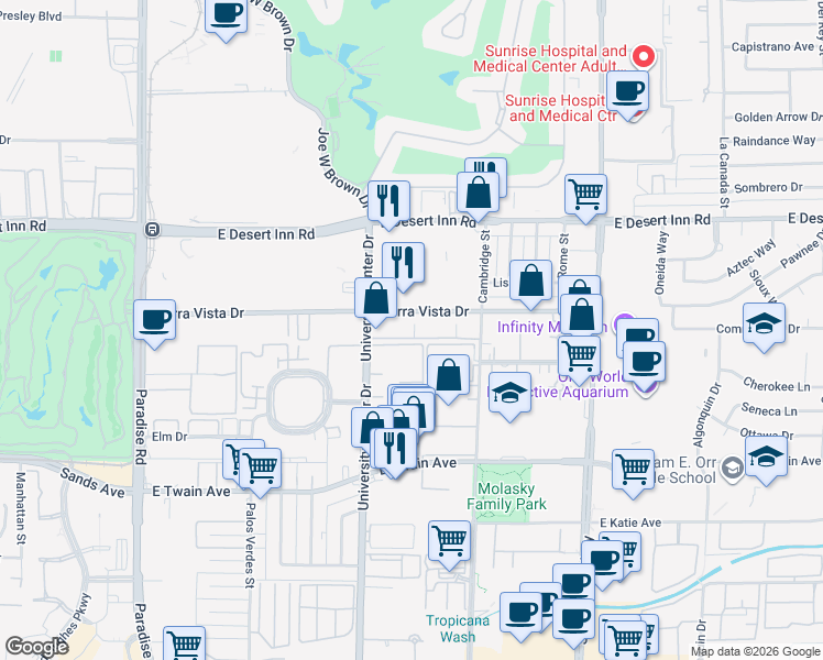 map of restaurants, bars, coffee shops, grocery stores, and more near 895 Sierra Vista Drive in Las Vegas