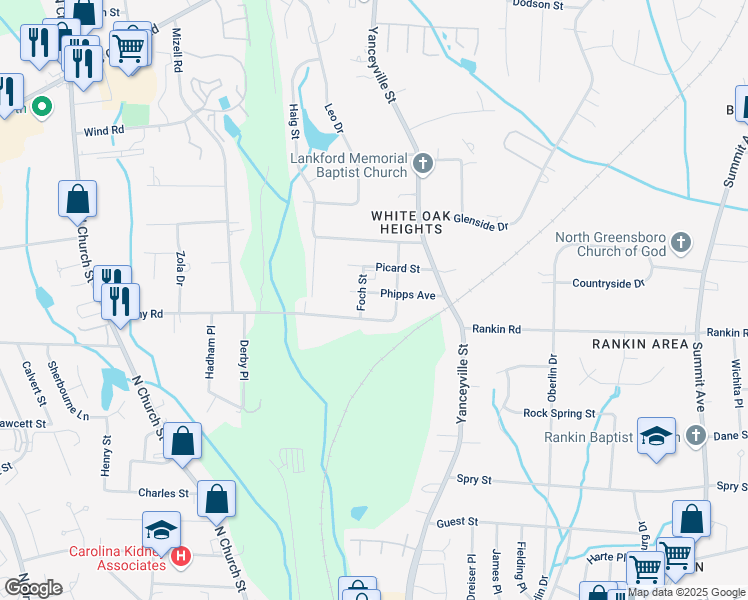 map of restaurants, bars, coffee shops, grocery stores, and more near 2601 Pershing Street in Greensboro