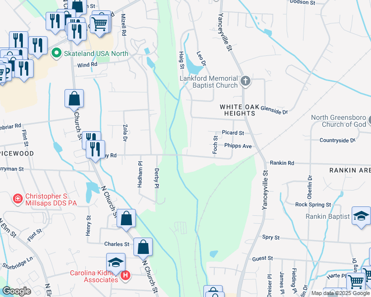 map of restaurants, bars, coffee shops, grocery stores, and more near 513 Denny Road in Greensboro