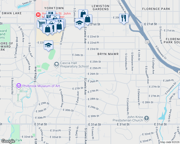 map of restaurants, bars, coffee shops, grocery stores, and more near 2405 East 26th Street in Tulsa