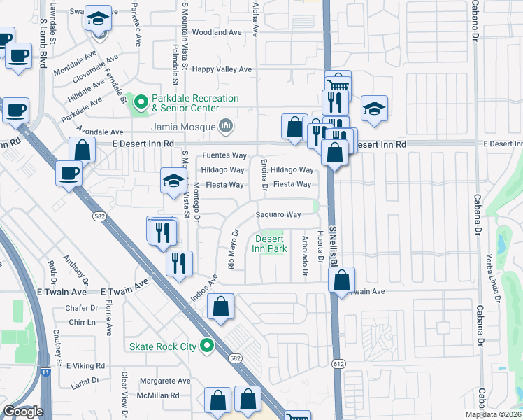 map of restaurants, bars, coffee shops, grocery stores, and more near 4837 Saguaro Way in Las Vegas