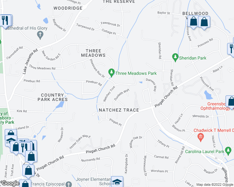 map of restaurants, bars, coffee shops, grocery stores, and more near 1712 Dunleith Way in Greensboro