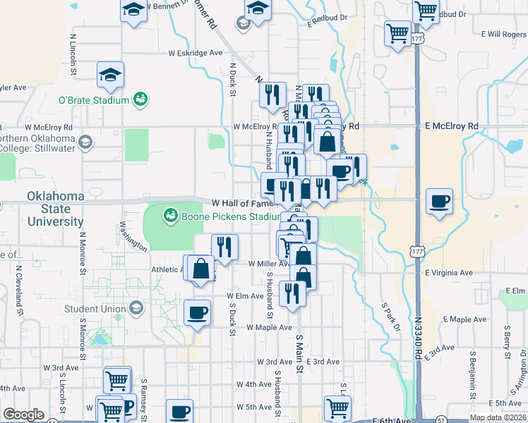 map of restaurants, bars, coffee shops, grocery stores, and more near 316 N3330 Road in Stillwater