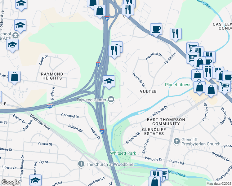 map of restaurants, bars, coffee shops, grocery stores, and more near 295 Plus Park Boulevard in Nashville