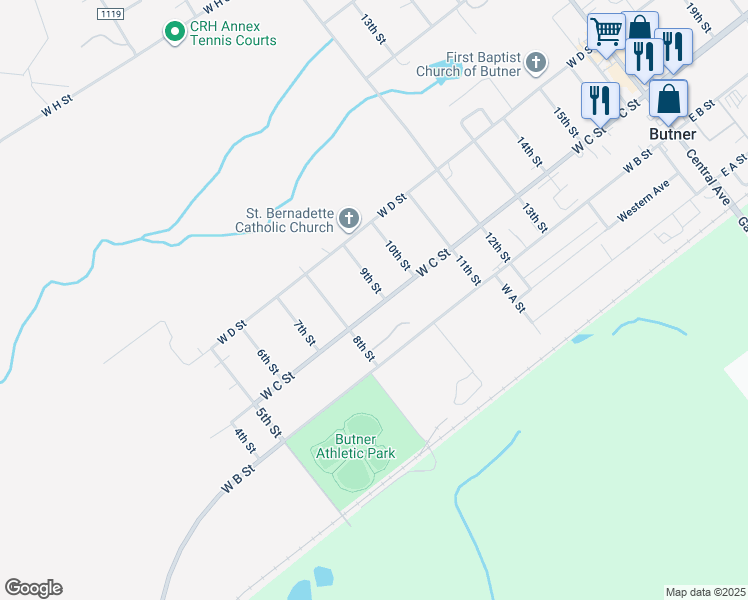 map of restaurants, bars, coffee shops, grocery stores, and more near 301 9th Street in Butner