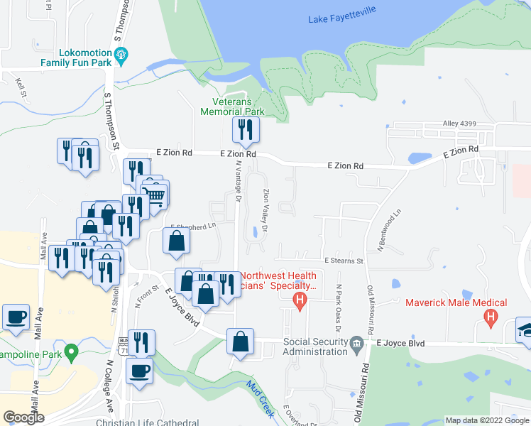map of restaurants, bars, coffee shops, grocery stores, and more near 4147 Zion Valley Drive in Fayetteville