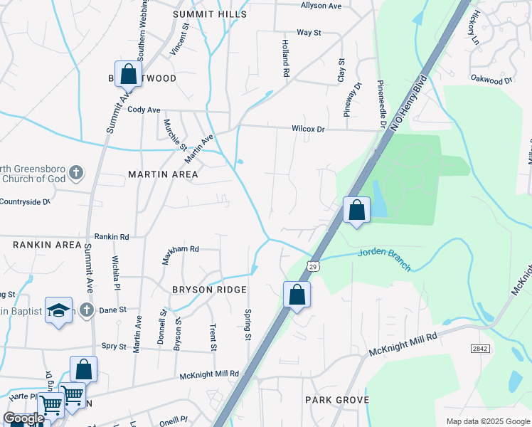 map of restaurants, bars, coffee shops, grocery stores, and more near 3601 Country Ridge Road in Greensboro