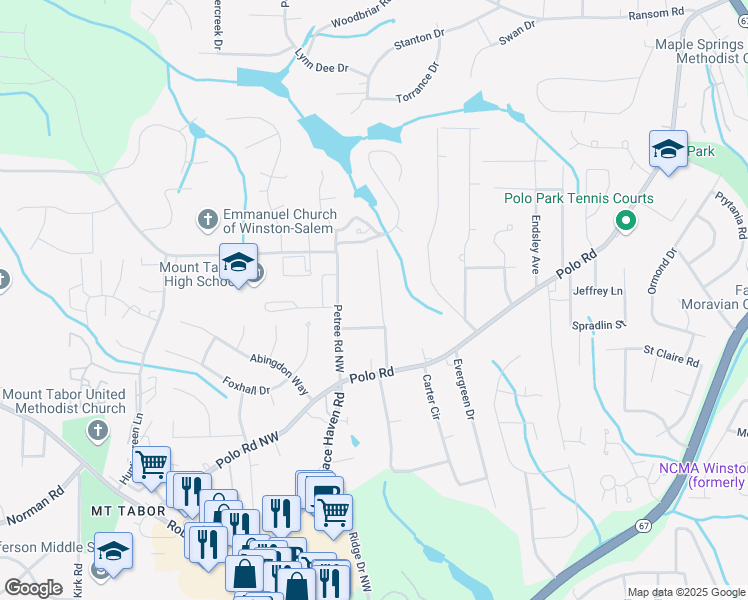 map of restaurants, bars, coffee shops, grocery stores, and more near 1262 Millerwood Drive in Winston-Salem