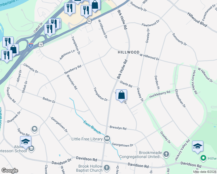 map of restaurants, bars, coffee shops, grocery stores, and more near 769 Brook Hollow Road in Nashville