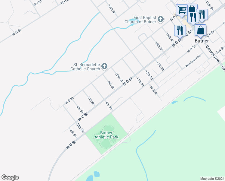 map of restaurants, bars, coffee shops, grocery stores, and more near 301 9th Street in Butner