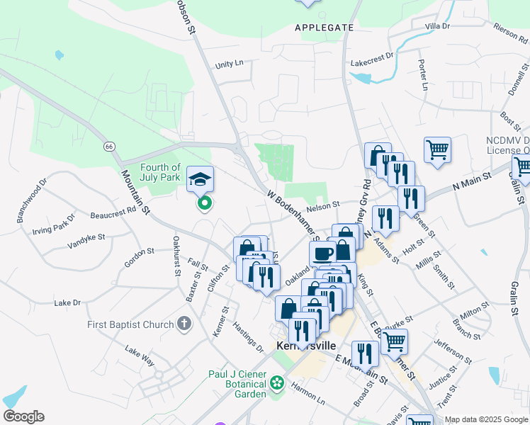 map of restaurants, bars, coffee shops, grocery stores, and more near 143 Nelson Street in Kernersville