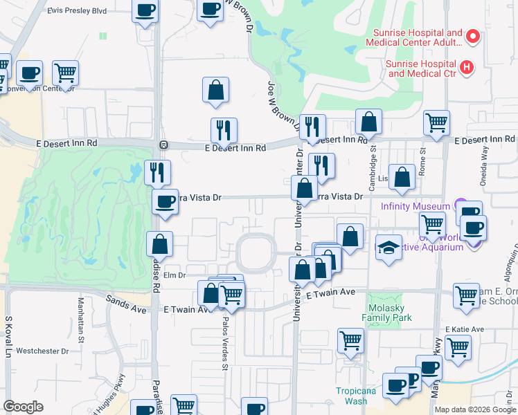 map of restaurants, bars, coffee shops, grocery stores, and more near 589 Sierra Vista Drive in Las Vegas