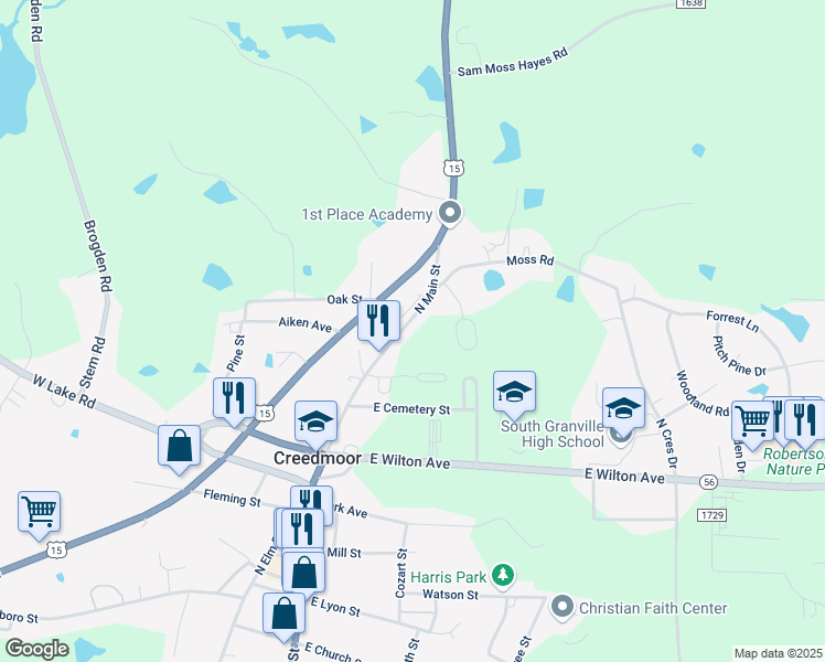 map of restaurants, bars, coffee shops, grocery stores, and more near 828 North Main Street in Creedmoor
