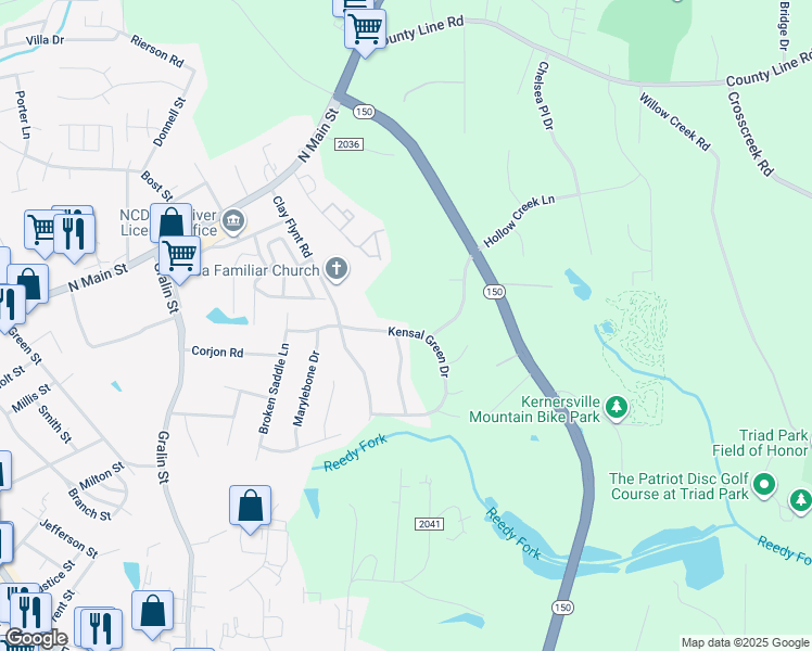 map of restaurants, bars, coffee shops, grocery stores, and more near 933 Kensal Green Drive in Kernersville