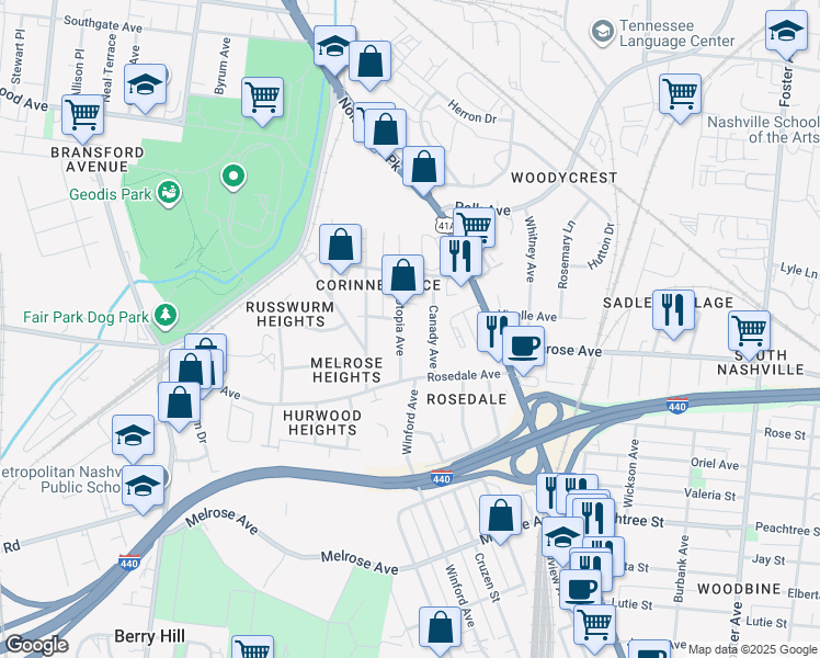 map of restaurants, bars, coffee shops, grocery stores, and more near 2147 Canady Avenue in Nashville