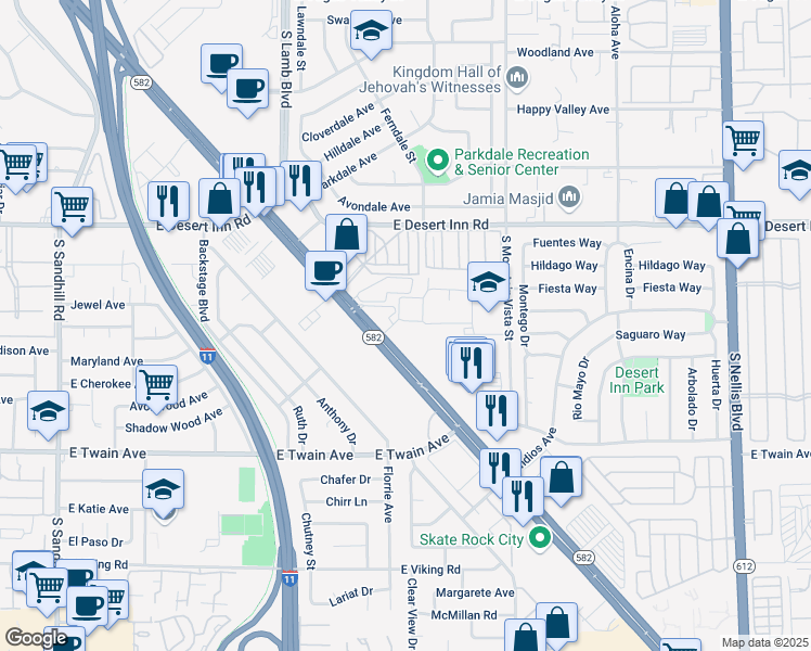 map of restaurants, bars, coffee shops, grocery stores, and more near 4375 Boulder Highway in Las Vegas