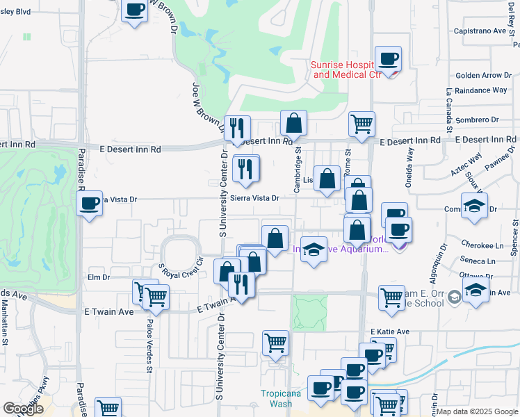 map of restaurants, bars, coffee shops, grocery stores, and more near 3540 South University Center Drive in Las Vegas