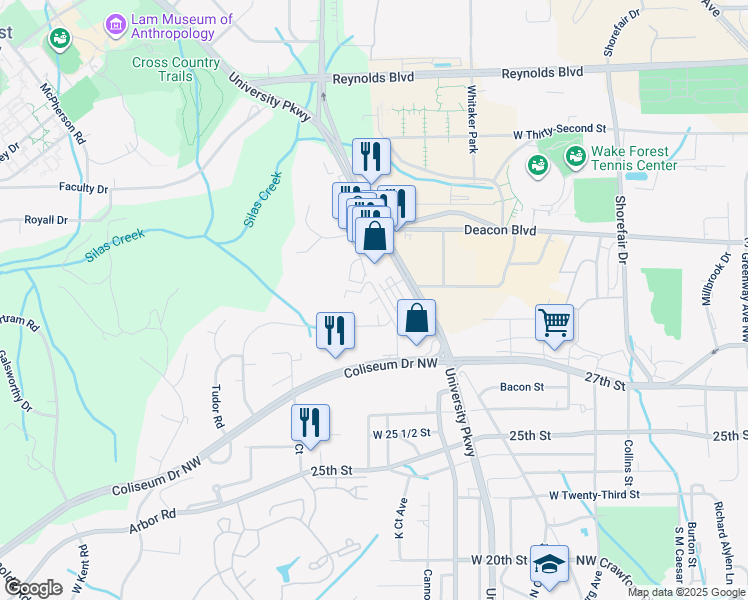 map of restaurants, bars, coffee shops, grocery stores, and more near 621 Gunston Court in Winston-Salem