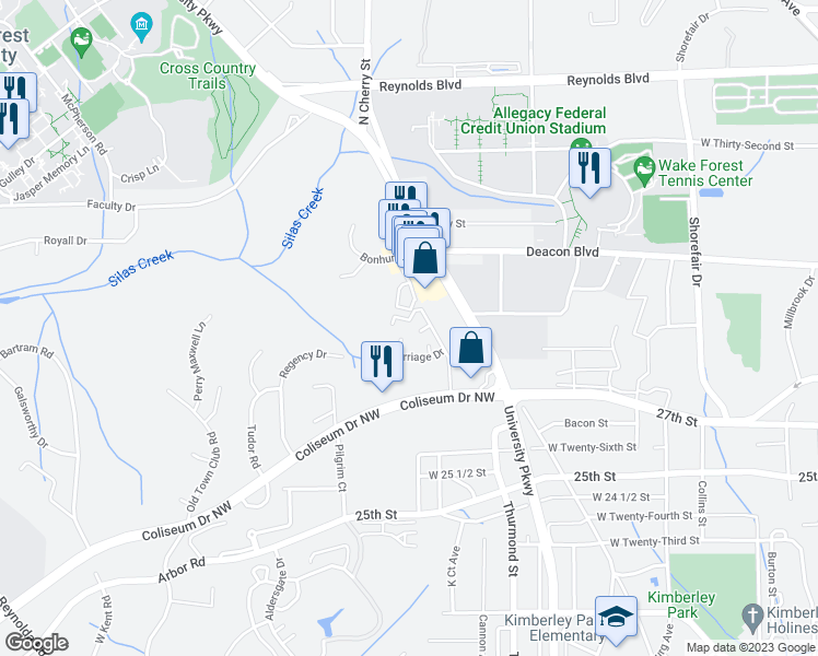 map of restaurants, bars, coffee shops, grocery stores, and more near 621 Gunston Court in Winston-Salem
