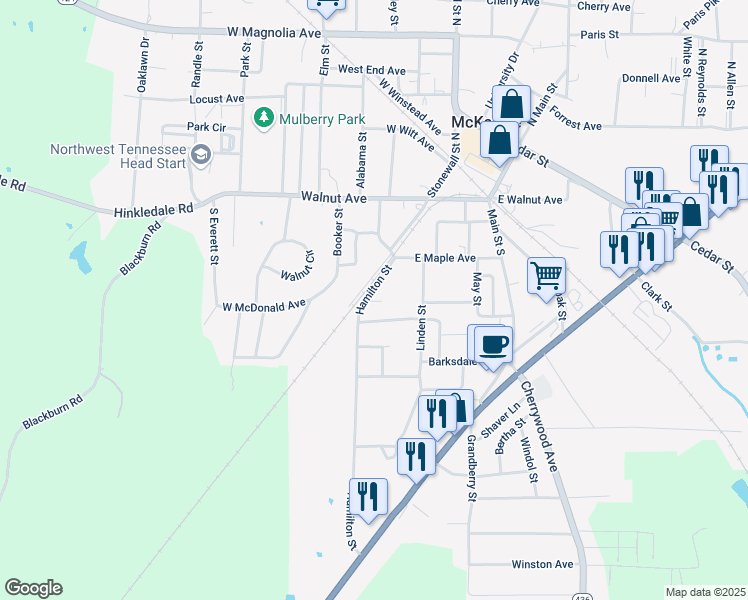 map of restaurants, bars, coffee shops, grocery stores, and more near 17 Linden Heights in McKenzie