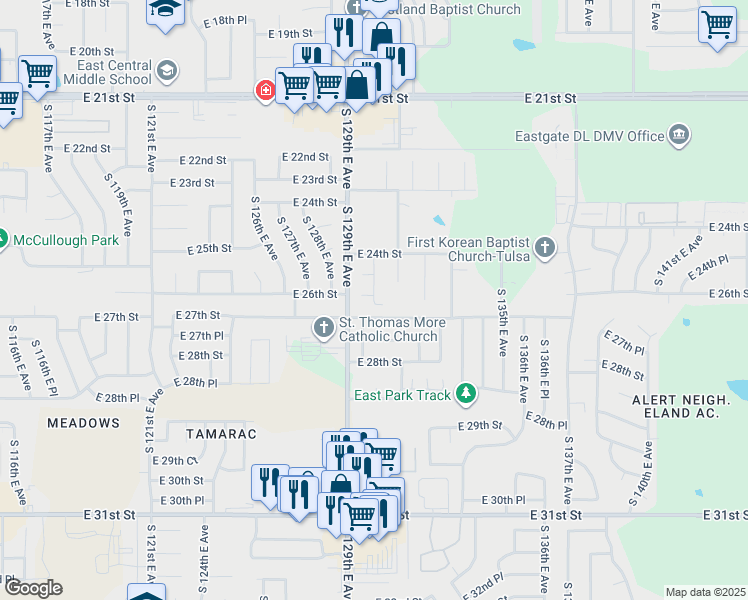 map of restaurants, bars, coffee shops, grocery stores, and more near 13011 East 27th Street in Tulsa