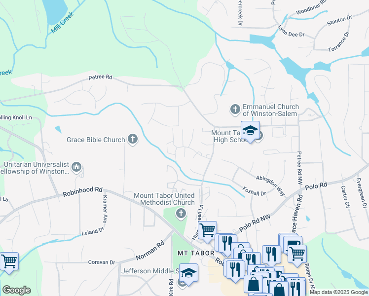 map of restaurants, bars, coffee shops, grocery stores, and more near 3970 Valley Court in Winston-Salem